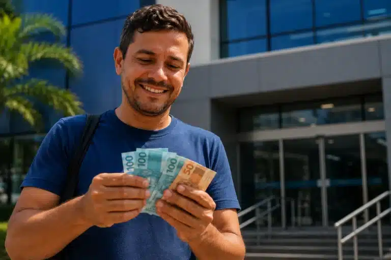 Homem segurando notas de dinheiro em frente à uma agência bancária, representando saque-aniversário do FGTS de R$ 900 até sexta-feira (29).