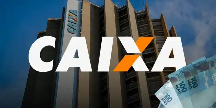 Logo da Caixa sobre prédio da instituição e notas de R$ 100, em referência ao saque de R$ 6.220