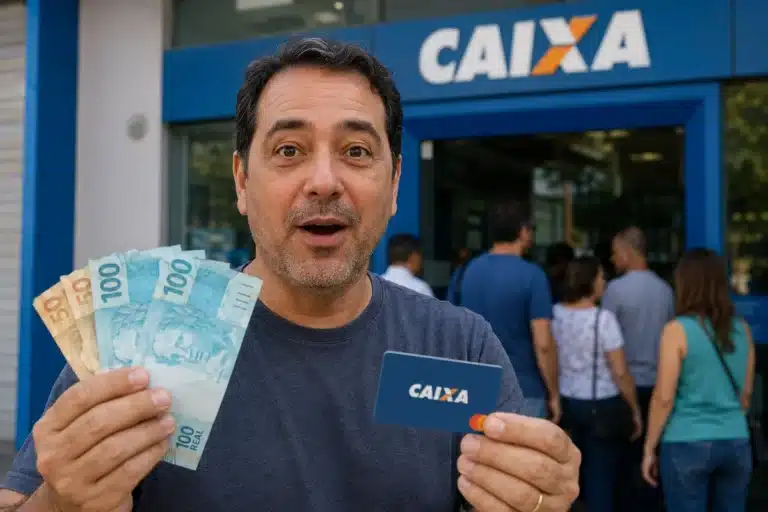 Homem segurando dinheiro e cartão da Caixa em frente à agência, representando o saque de R$ 2.900 liberado para CPFs com finais de 0 a 9.