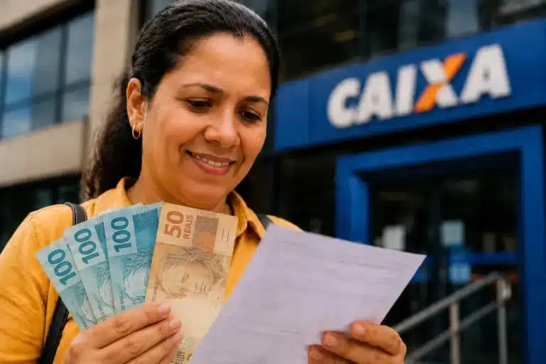 Mulher sorrindo, segurando notas de R$ 100 e R$ 50 em frente à agência da CAIXA, representando o saque de R$ 6.220 disponível até 1º de junho.