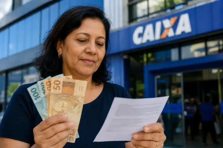 Mulher brasileira segurando cédulas de R$ 50 e R$ 100 e conferindo documento em frente à Caixa, representando o saque de R$ 6.220.