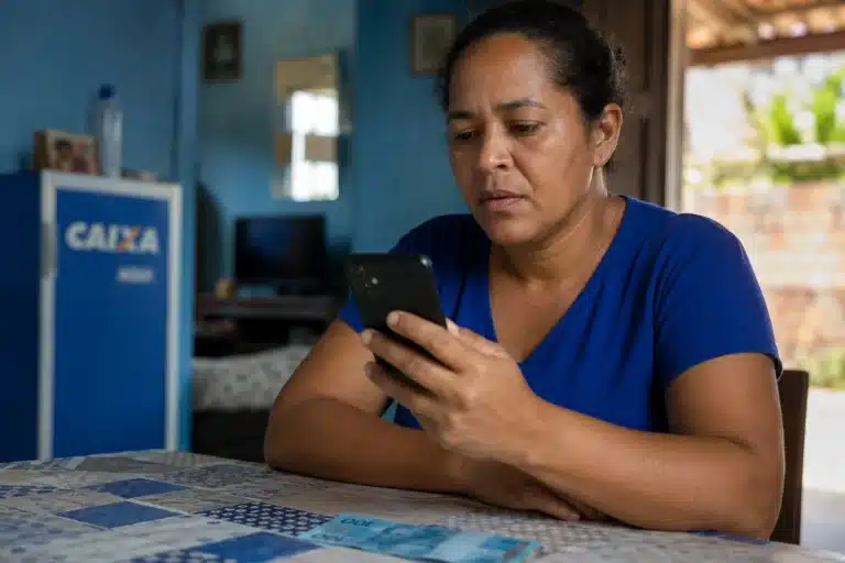 Mulher mexendo no celular, representando a solicitação do saque de R$ 6.220 pela CAIXA.