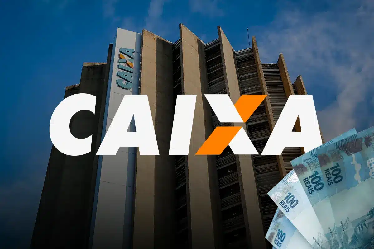 Prédio da Caixa com notas de R$ 100, representando o saque de R$ 2.900 das cotas do PIS/Pasep.