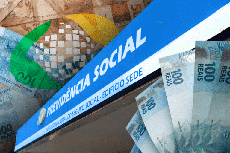 Fachada azul da Previdência Social com logotipo do INSS e notas de R$ 100 e R$ 50 representando o pagamento do 13º salário