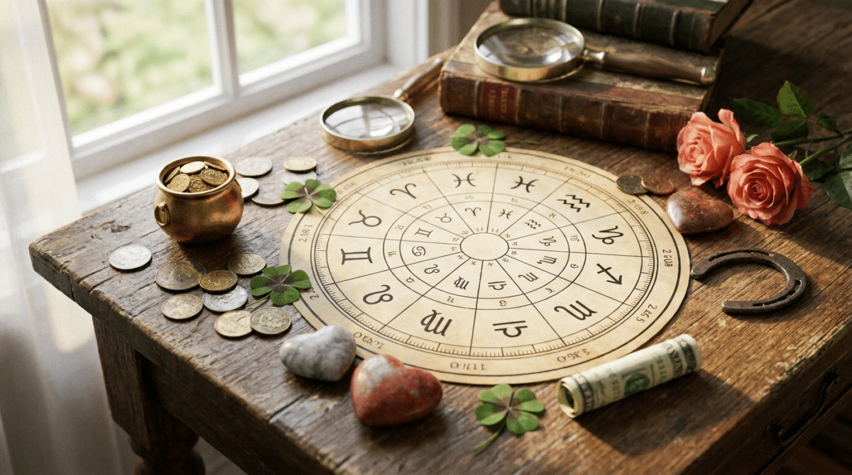 Mapa astral com símbolos zodiacais cercado por trevos, ferradura, moedas, vaso dourado e rosas sobre mesa de madeira.
