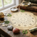 Mapa astral com símbolos zodiacais cercado por trevos, ferradura, moedas, vaso dourado e rosas sobre mesa de madeira.