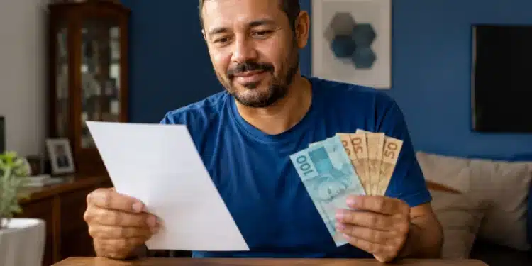 Trabalhador segura solicitação e cédulas de reais em casa para ressarcimento do PIS/Pasep.