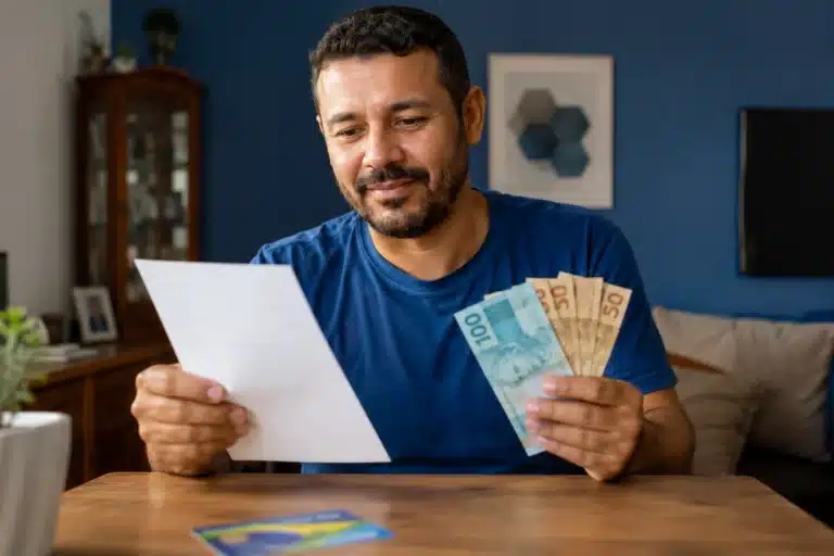 Trabalhador segura solicitação e cédulas de reais em casa para ressarcimento do PIS/Pasep.