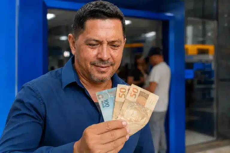 Homem sorrindo ao segurar notas de R$ 100 e R$ 50 em frente a uma agência da Caixa, representando a solicitação do saque a partir desta sexta-feira (29).