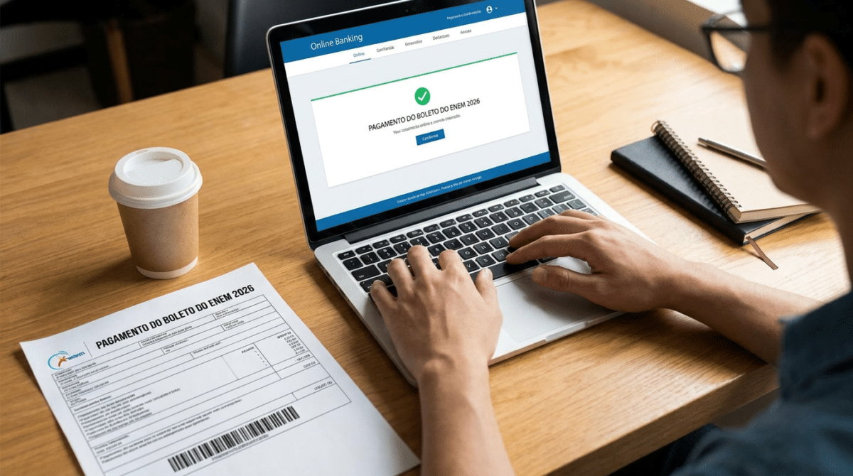 Mãos digitando em laptop com tela de Online Banking exibindo confirmação de pagamento do boleto do ENEM 2026, taxa de R$ 85.