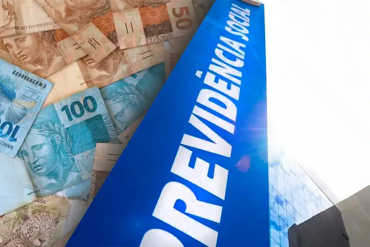Fachada da Previdência Social com cédulas de reais ao fundo, destacando pagamento do teto do INSS e 13º salário.