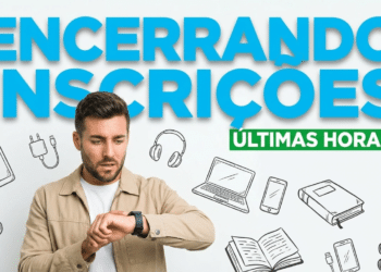Homem jovem olha smartwatch com expressão preocupada, cercado por ícones de tecnologia e livros.