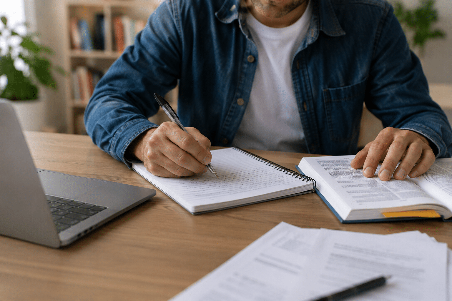 Homem de camisa jeans escreve em caderno enquanto consulta livro aberto, com laptop cinza ao lado em mesa de madeira.