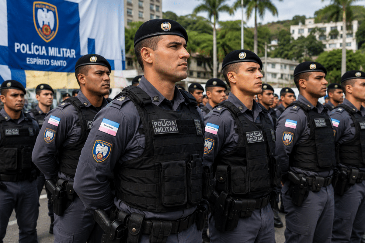 Soldados da Polícia Militar do Espírito Santo perfilados em cerimônia usando boinas pretas e coletes táticos azuis.