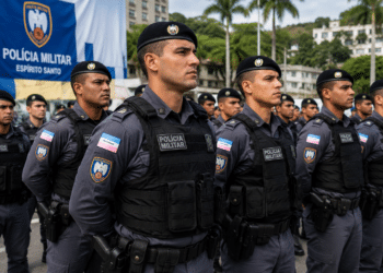 Soldados da Polícia Militar do Espírito Santo perfilados em cerimônia usando boinas pretas e coletes táticos azuis.