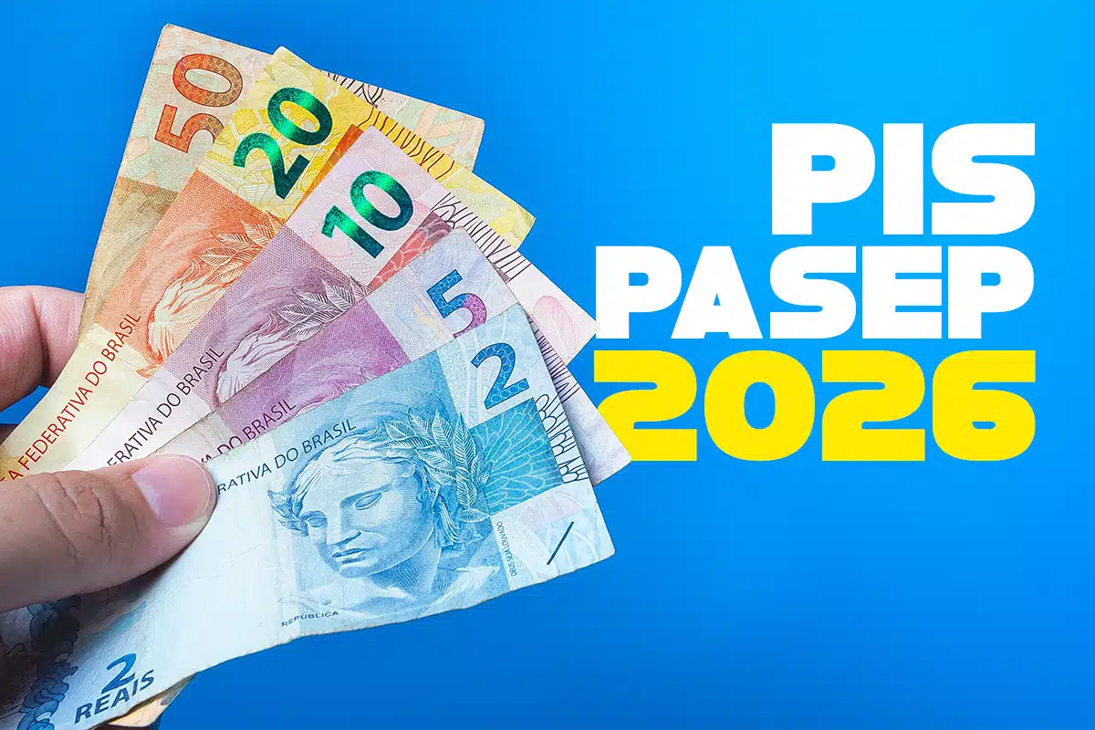 Notas de reais ao lado do texto PIS Pasep 2026 representando o cálculo do Abono Salarial.