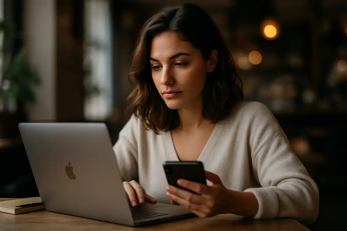 Mulher usando notebook e celular para vender online