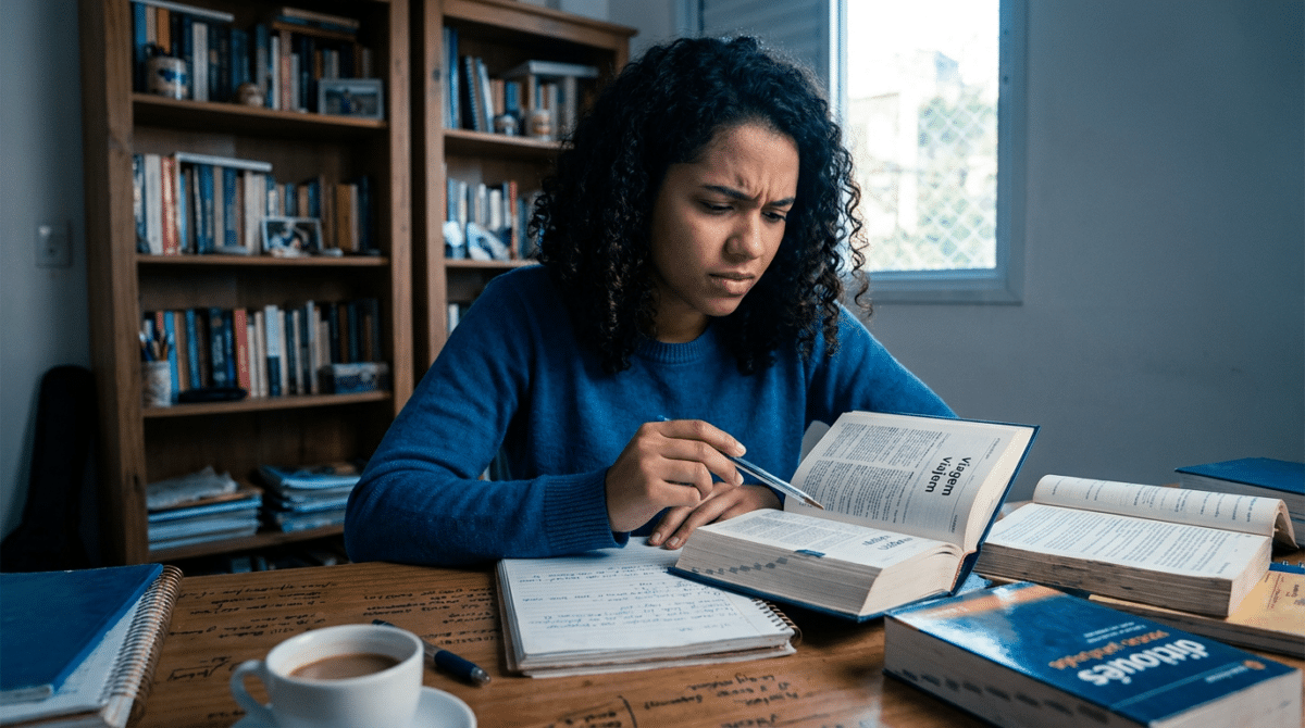 Jovem de blusa azul franze a testa enquanto consulta um dicionário aberto cercada de livros e cadernos sobre mesa de madeira