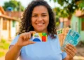 Mulher segurando cartão do Bolsa Família e notas de dinheiro, representando pagamento de junho.