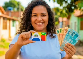 Mulher segurando cartão do Bolsa Família e notas de dinheiro, representando pagamento de junho.