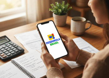 Mulher segura smartphone com logo do Desenrola Brasil, ao lado de calculadora e caderno com anotações financeiras.