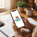 Mulher segura smartphone com logo do Desenrola Brasil, ao lado de calculadora e caderno com anotações financeiras.