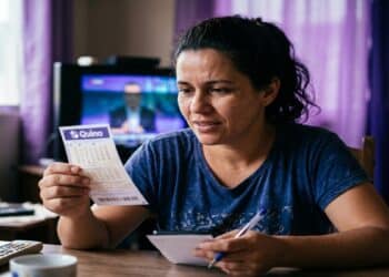 Mulher de camiseta azul segura volante da Quina com caneta na mão, em sala com TV ligada ao fundo