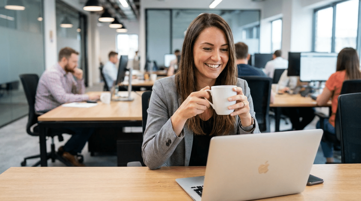 Mulher de blazer cinza segura caneca branca sorrindo diante de MacBook em escritório compartilhado moderno.