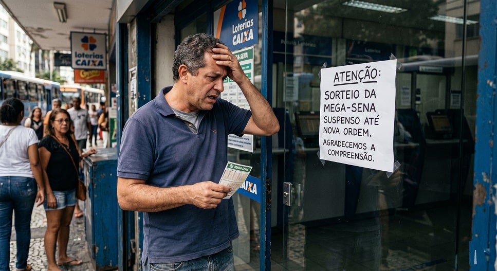 Homem de camisa azul segura volante da Mega-Sena com a mão na cabeça frente a aviso de suspensão em lotérica