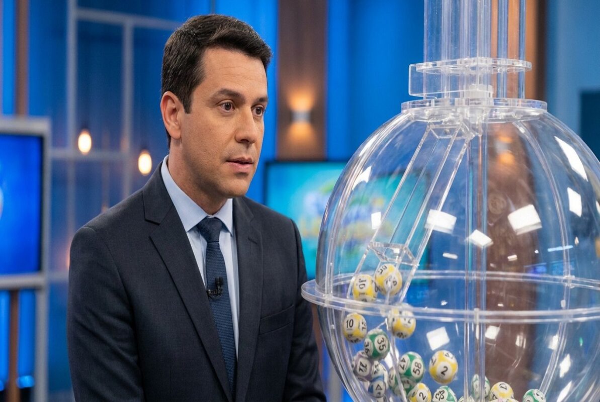 Apresentador de terno azul-marinho ao lado de globo de sorteio com bolas numeradas em estúdio de TV