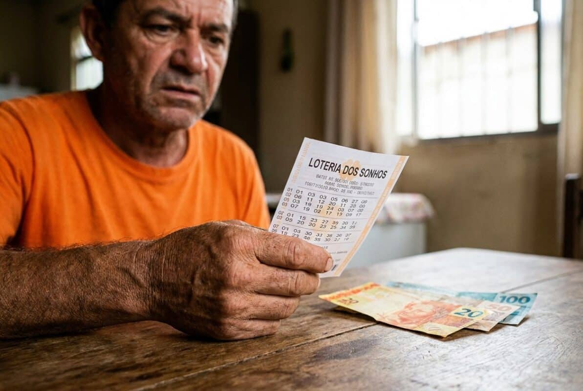 Homem idoso de camiseta laranja segura bilhete da Loteria dos Sonhos com notas de real na mesa