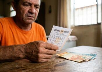 Homem idoso de camiseta laranja segura bilhete da Loteria dos Sonhos com notas de real na mesa