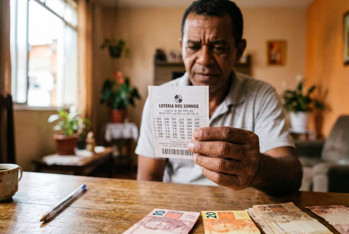 Homem segura bilhete da Loteria dos Sonhos, mostrando números apostados com cédulas de 10, 20 e 50 reais na mesa