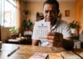 Homem segura bilhete da Loteria dos Sonhos, mostrando números apostados com cédulas de 10, 20 e 50 reais na mesa