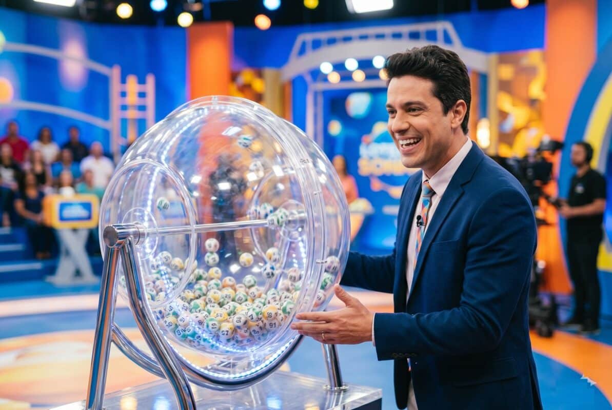 Apresentador de terno azul sorri ao lado do globo com bolas numeradas durante sorteio da Loteria dos Sonhos