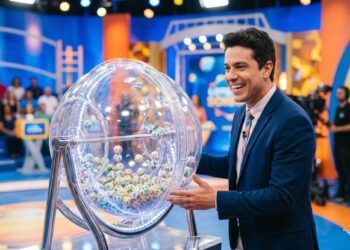 Apresentador de terno azul sorri ao lado do globo com bolas numeradas durante sorteio da Loteria dos Sonhos