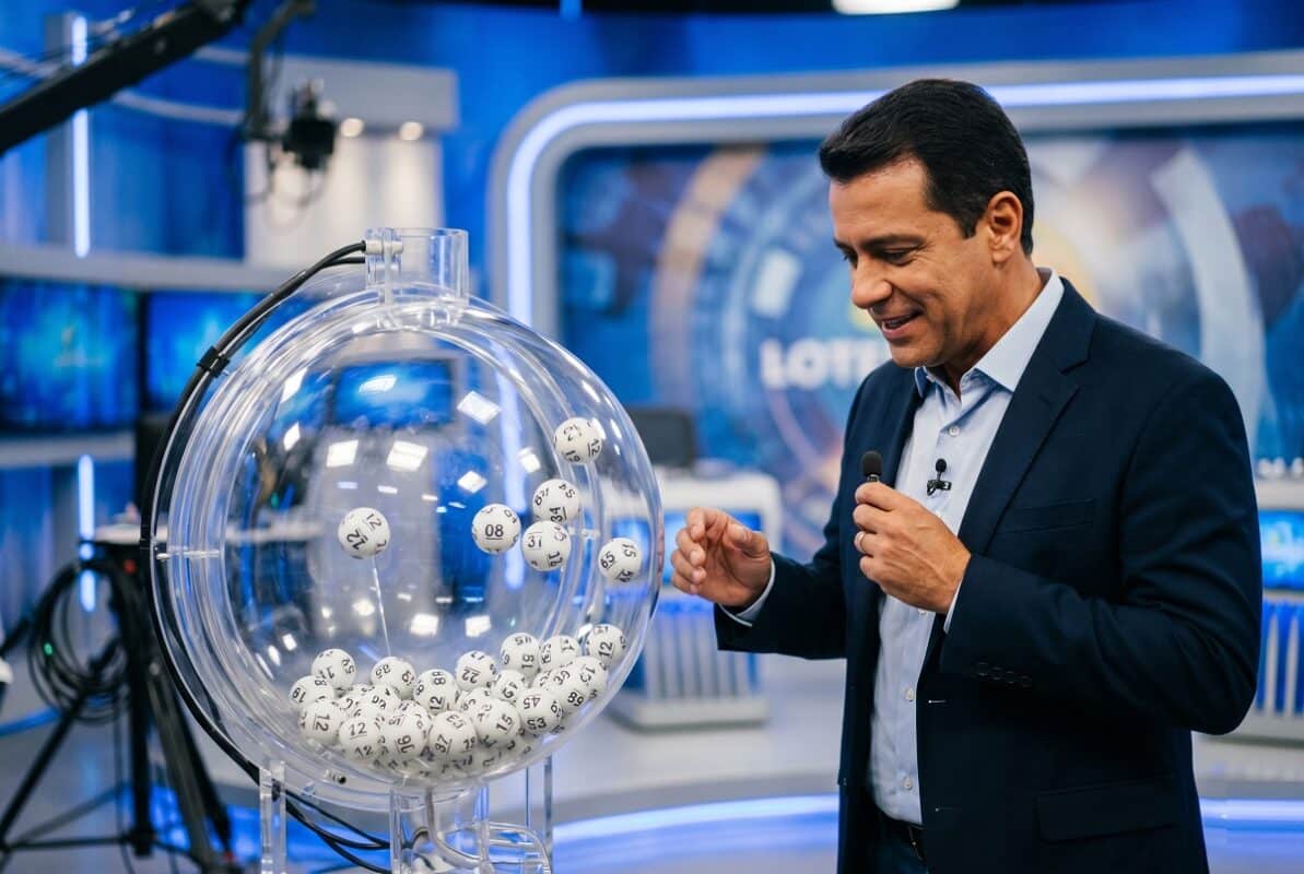 Homem de blazer azul-marinho e camisa clara observa bolas numeradas em globo transparente de sorteio em estúdio de TV