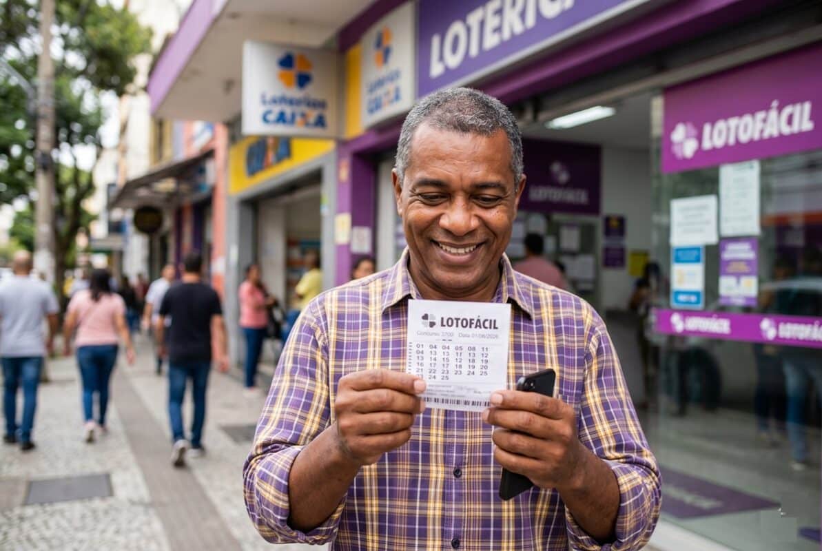 Homem sorridente de camisa xadrez amarela e roxa segura bilhete da Lotofácil 3700 e celular em frente à lotérica Caixa