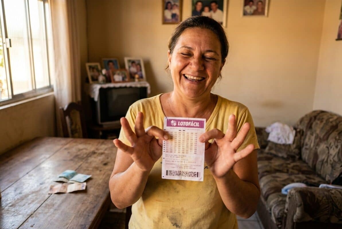 Mulher de meia-idade sorridente segura volante da Lotofácil em sala com fotos de família e TV ao fundo