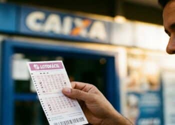 Homem sorridente segura bilhete da Lotofácil com dezenas marcadas diante de agência da Caixa Econômica Federal
