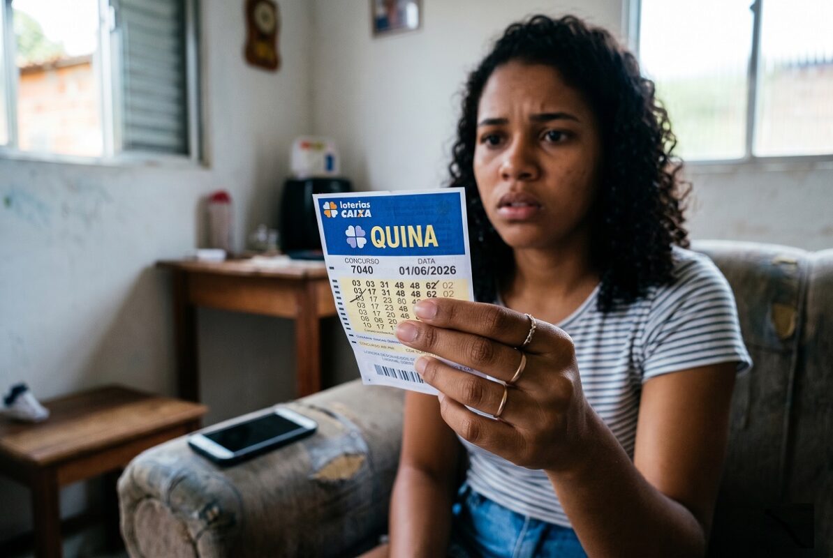 Mulher jovem de cabelos cacheados segura volante da Quina 7040 em sala de estar com luz natural