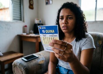 Mulher jovem de cabelos cacheados segura volante da Quina 7040 em sala de estar com luz natural