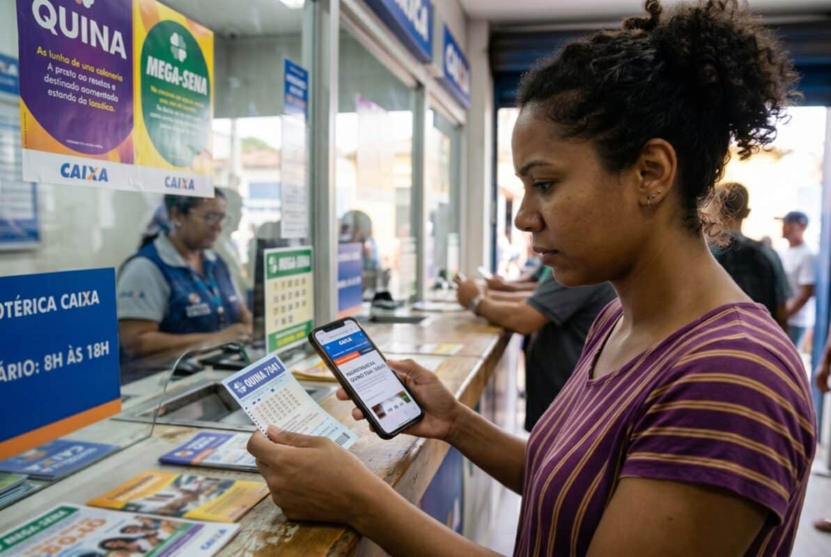 Mulher de blusa listrada roxa segura bilhete da Quina e celular em frente ao balcão de lotérica Caixa