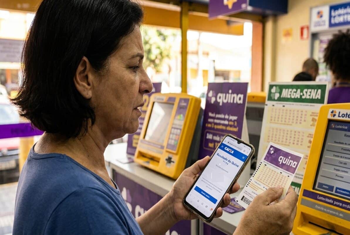Mulher de camiseta azul confere resultado da Quina no celular em lotérica com painéis da Quina e Mega-Sena