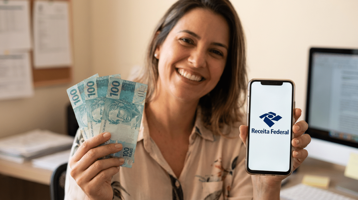 Mulher sorridente segura notas de R$100 e celular com logo da Receita Federal em escritório.