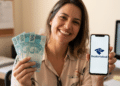 Mulher sorridente segura notas de R$100 e celular com logo da Receita Federal em escritório.