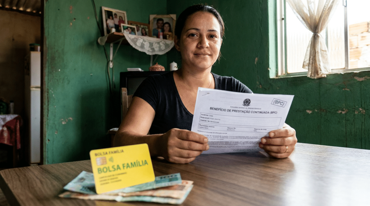 Mulher sentada à mesa segura formulário do BPC ao lado do cartão do Bolsa Família e cédulas de dinheiro