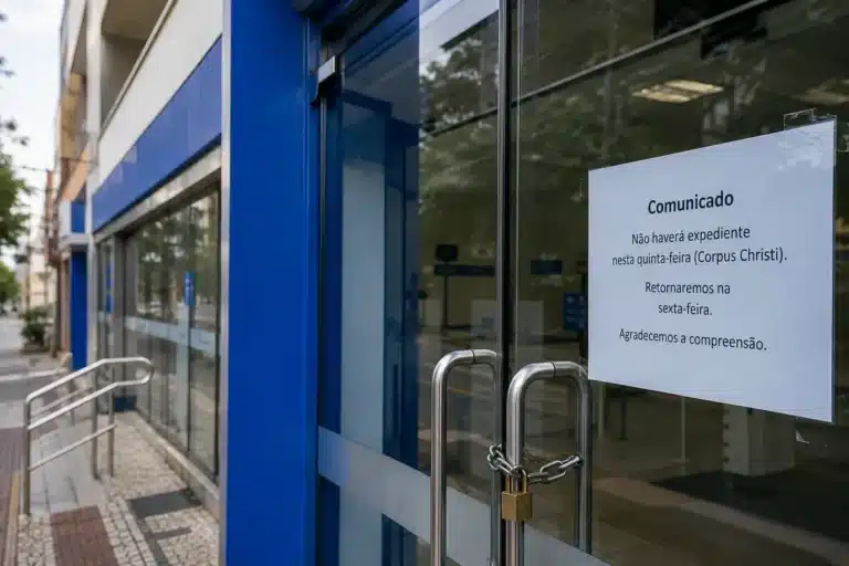 Entrada de uma agência bancária brasileira fechada, representando a suspensão do atendimento presencial durante o feriado de Corpus Christi nesta quinta-feira (4).