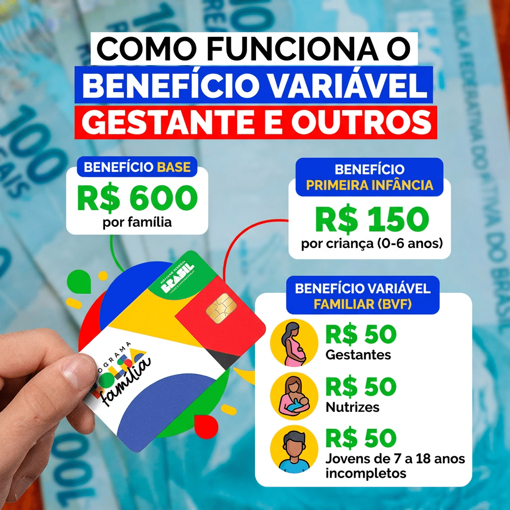 Infográfico explicativo do Bolsa Família com cartão do programa, valores R$ 600 base, R$ 150 primeira infância e R$ 50 BVF