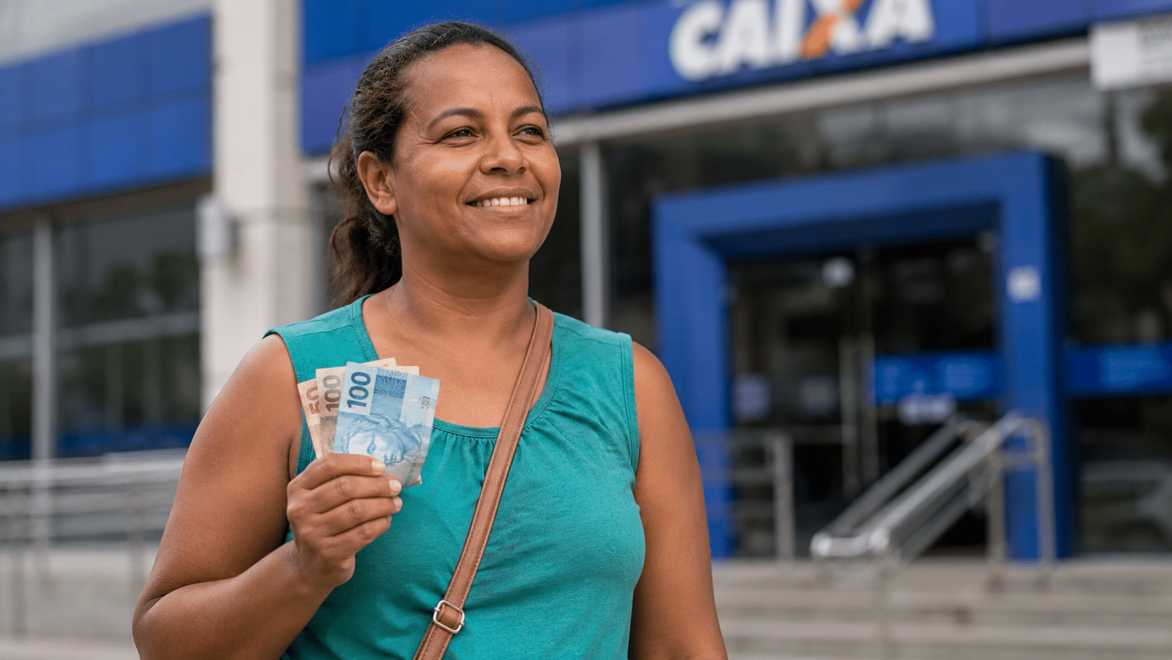 Mulher segura notas de 100 reais sorrindo em frente agência da Caixa.